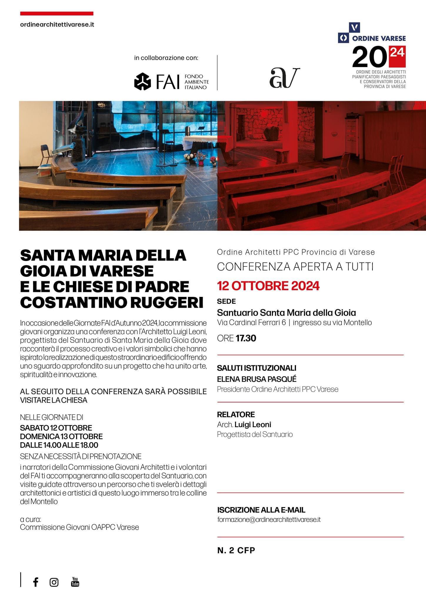 Conferenza: Santa Maria della Gioia di Varese e le chiese di Padre Costantino Ruggeri.